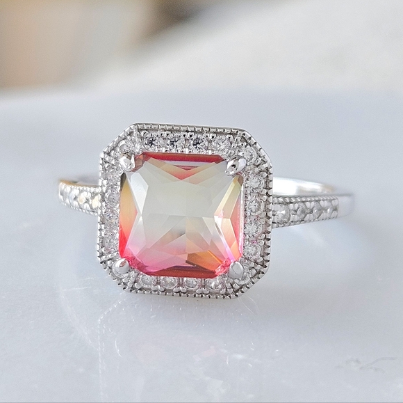 Emerald cut peach and pink gemstone ring, 925 Sterling Silver Charmed Aroma - Picture 3 of 3